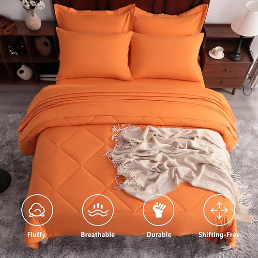 NTBAY Queen Comforter Set with Sheets, 7 Pieces Soft and Breathable Queen Bedding Set, Bed in a Bag, Down Alternative Comforter Set Solid Color All Season, Queen Bedding Set, Orange