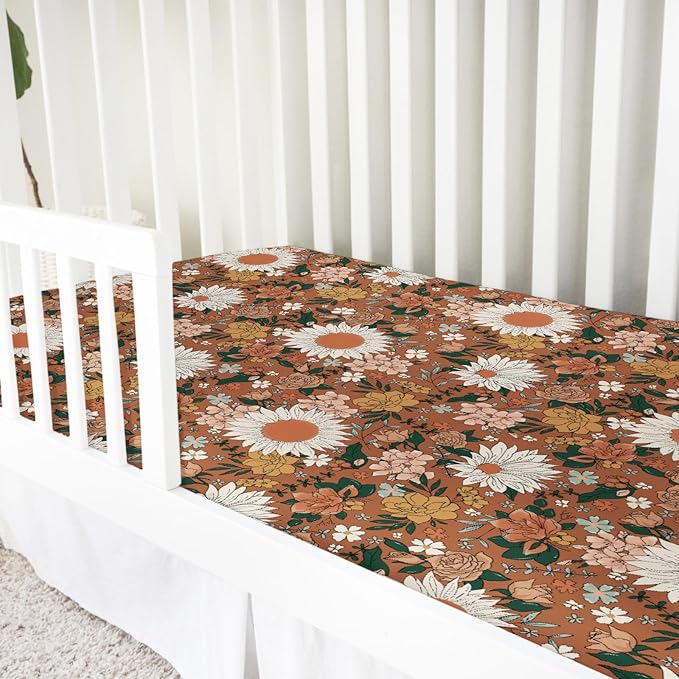 Retro Spring Wildflowers Baby Crib Sheets 52''x28'' Watercolor Floral Leaf Summer Boho Stretchy Fitted Crib Mattress Sheet for Boy Girl Botanical Soft Nursery Sheet for Standard Crib Toddler Mattress
