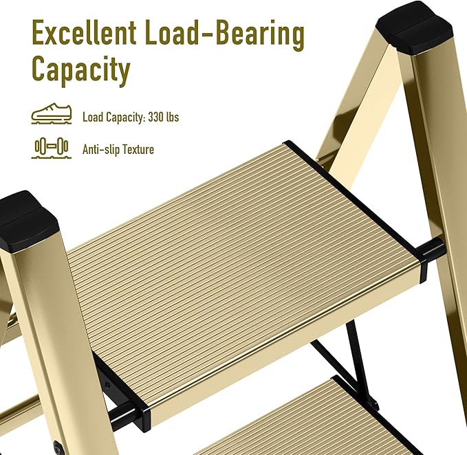 Mayi Plus 3 Step Ladder,Aluminum Folding Step Stool for Adults,Step Ladder with Wide Anti-Slip Pedal,330 lbs Capacity for Home,Office,Kitchen,Library(Gold)