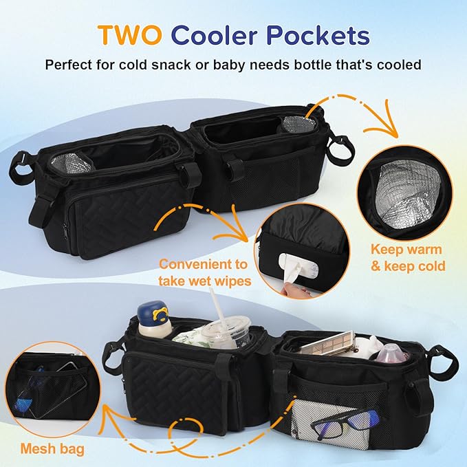 PHOEBUS BABY Double Stroller Caddy Organizer with 2 Insulated Cup Holder, Parent Console Fits for BOB Duallie, Jeep, Baby Jogger City Mini GT2 and UPPAbaby, Double Jogging Stroller Accessories