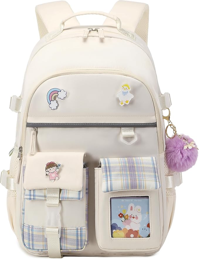 KIDNUO Backpack for Girls, 15.6 Inch Laptop School Bag Kids Kindergarten Elementary College Backpacks Large Bookbags for Teen Girl Women Students Casual Travel Daypacks (Beige)