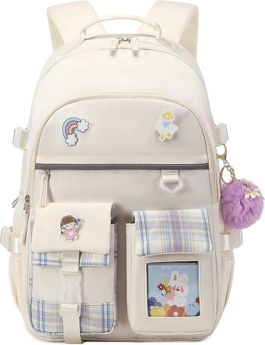 KIDNUO Backpack for Girls, 15.6 Inch Laptop School Bag Kids Kindergarten Elementary College Backpacks Large Bookbags for Teen Girl Women Students Casual Travel Daypacks (Beige)