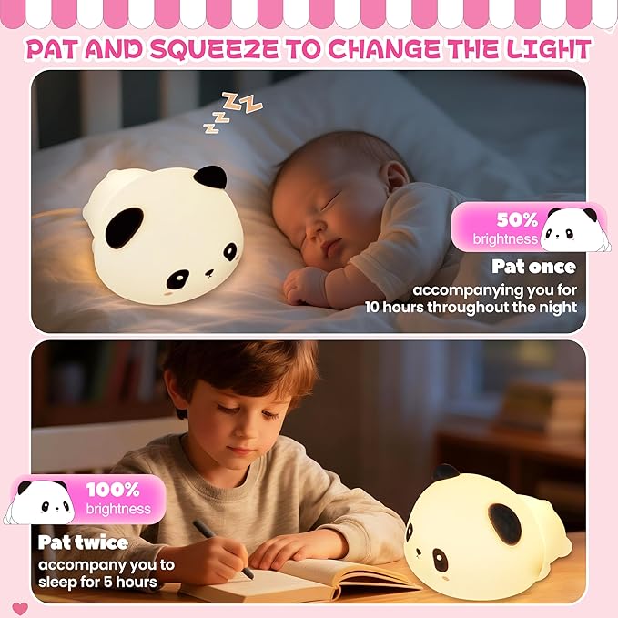 loatme Night Light for Kids, Rechargeable Dimmable Silicone LED Nightlight with 7 Colors, Baby Nursery Night Lamp, Touch Squishy Lamp, Cute Gifts for Girls, Boys, Toddler Room Decor, Lying Panda