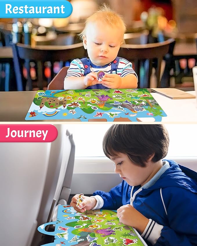 Benresive Reusable Sticker Books for Toddlers, Fun Travel Stickers for Kids, Toddler Sticker Book, Crafts Activities for Toddlers, 3 and Up Birthady Gifts - Dinosaurs