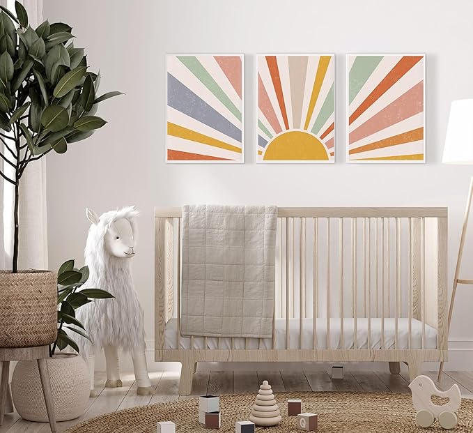 3 Pieces Nursery Boho Canvas Wall Art Rainbow Sun Rising on the Horizon Geometric Nature Illustration Line Pictures Wall Decor Posters Prints for Toddler Kids Room Home Decoration Unframed