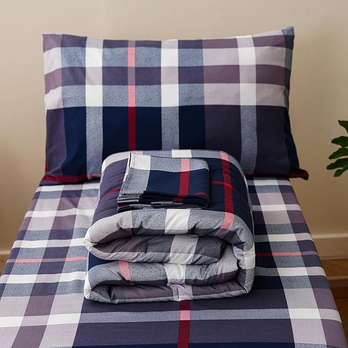 KAREVER Checkered Toddler Bedding Set Navy Blue White Grid 4 Pieces Crib Bed Set Kids Pliad Comforter Set