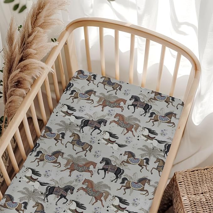 Vintage Horses Baby Crib Sheets for Boy Girl 52x28Inch Retro Arabian Horses Palm Trees Soft Stretchy Fitted Crib Mattress Covers Horse Lovers Baby Sheet Fits Crib and Toddler Bed Mattresses Gray
