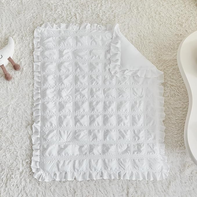 Ruffled Crib Bedding Set Baby Boho Quilted Comforter with Fitted Sheet and Bed Skirt - Cute Soft Breathable Seersucker Ruffled Shabby Chic Bedding Soft Blanket Design - White