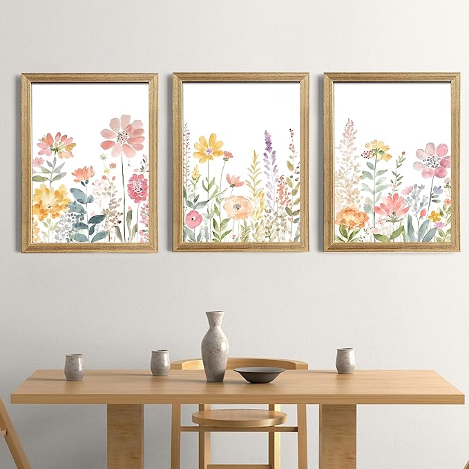 Colorful Flower Frame Wall Art Set Watercolor Flower Wall Art Multicolor Botanical Art Prints Wildflower Painting Printing Suitable for living room, bedroom, bathroom, 12x16 inch 3 piece set