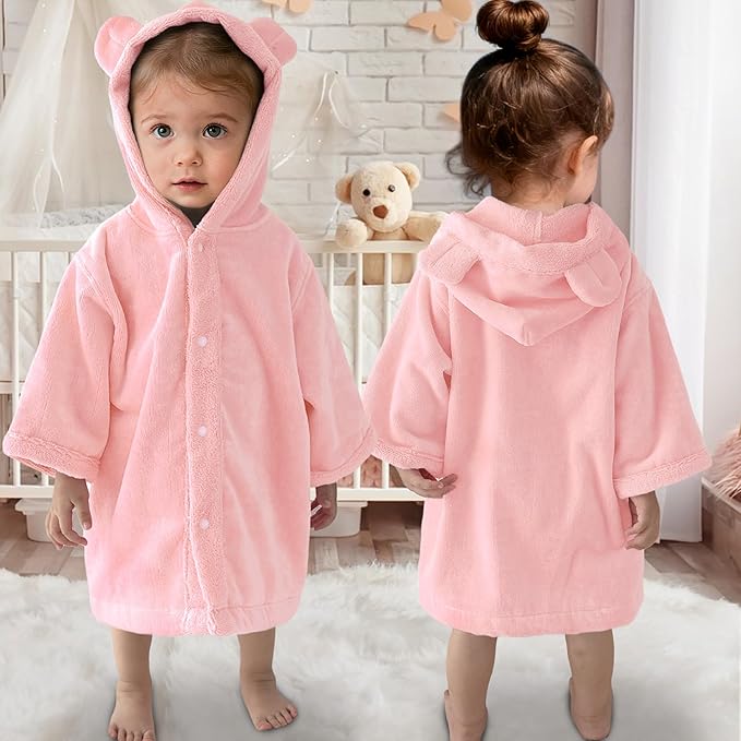 VOOVA & MOVAS Baby Hooded Towel with Bear Ear,0-3Years | 100% Cotton, Ultra-Soft & Absorbent | Gentle for Sensitive Skin, Bath, Pool & Beach Robe | Newborn (Pink)