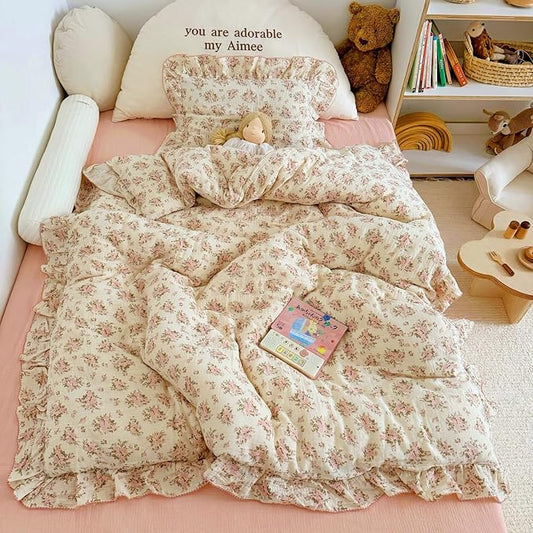 BuLuTu Girls Toddler Kids Duvet Cover Pink Floral Chic Duvet Covers with Ruffles Muslin Cotton Soft Comforter Cover, 47"x59", Soft Lightweight, Machine Wash, No Pillowcases/Comforter