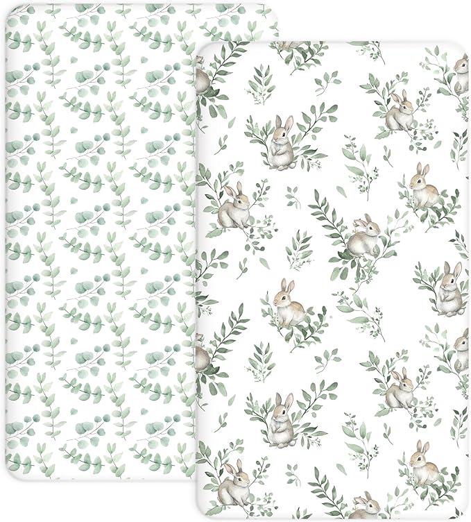 Pack and Play Sheets 2 Pack, Fitted Jersey Knit Mini Crib Sheets for Baby Boys and Girls, Compatible with Graco Pack N Play and Mini Crib Mattress (Bunny Meadow, Pack N Play/Mini Crib Sheets)