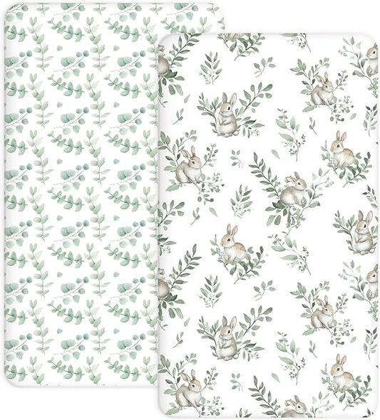 Pack and Play Sheets 2 Pack, Fitted Jersey Knit Mini Crib Sheets for Baby Boys and Girls, Compatible with Graco Pack N Play and Mini Crib Mattress (Bunny Meadow, Pack N Play/Mini Crib Sheets)