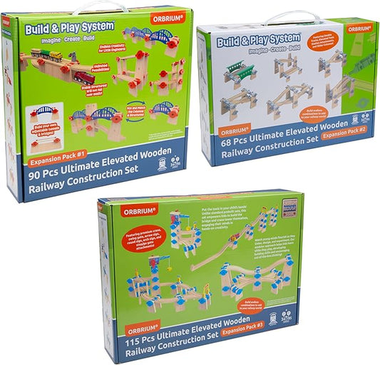ORBRIUM Wooden Train Tracks Construction Mega Bundle – 273 Pc Elevated Building Toy with Bridges, Crane, Station, Tunnel & Gate – STEM Montessori Toys Fits Thomas, Brio & More