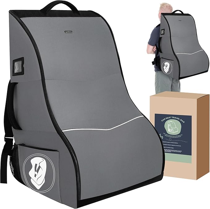 DerBiedersinn Car Seat Travel Bag for Airplane – Waterproof Heavy Duty Carseat Backpack for Gate Check or Airport Travel – Fits Infant, Convertible & Booster Seats, Dark Grey