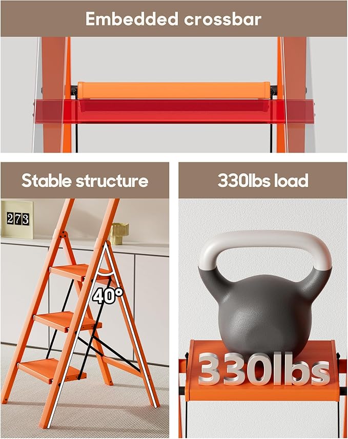 HillhutApex 3 Step Foldable Aluminum Step Ladder with Handgrip, Anti-Slip Pedal, 330 lbs Capacity, Lightweight & Portable for Home, Kitchen, Office, Garage (Orange)