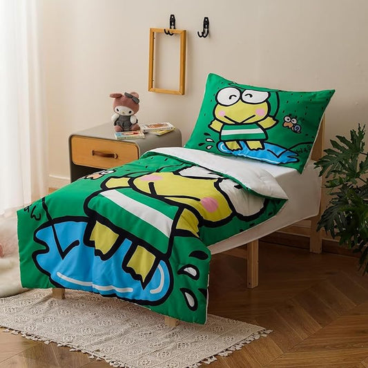 CLOTHKNOW Frog Toddler Bedding Sets for Boys, 4 Pieces Bedding Sets, Cute Animal Cartoon Pattern, Soft Crib Bed Set Including Comforter, Flat Sheet, Fitted Sheet and Pillowcase