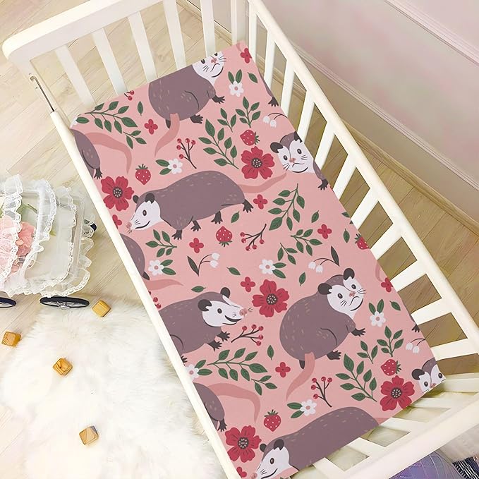 Opossum Possum Pink Crib Sheets Soft Breathable Fitted Baby Crib Sheets Mattress Cover for Girl Boys, 52" x 28" x 9"
