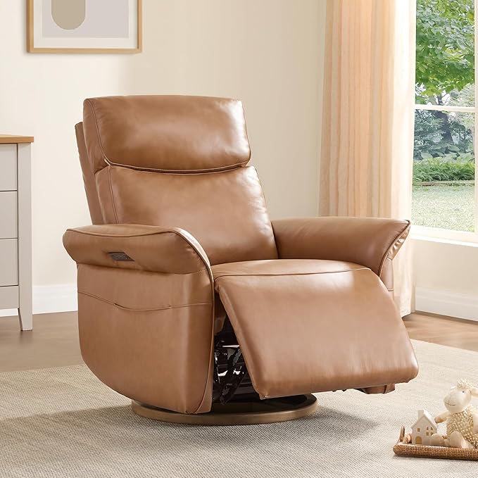 CHITA Genuine Leather Power Recliner Chair, Electric Triple-Motor Swivel Glider Nursery Rocking Chair with Adjustable Power Headrest and Lumbar Support, Solid Wood Base, Saddle Brown