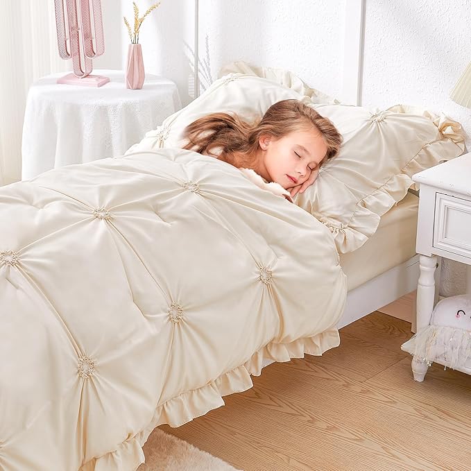 Wowelife Toddler Bedding Sets for Girls, 4-Piece Beige Toddler Bed Set Floral Ruffles Boho Bohemian Jacquard Includes Comforter, Fitted Sheet, Top Sheet and Pillowcase, Beige