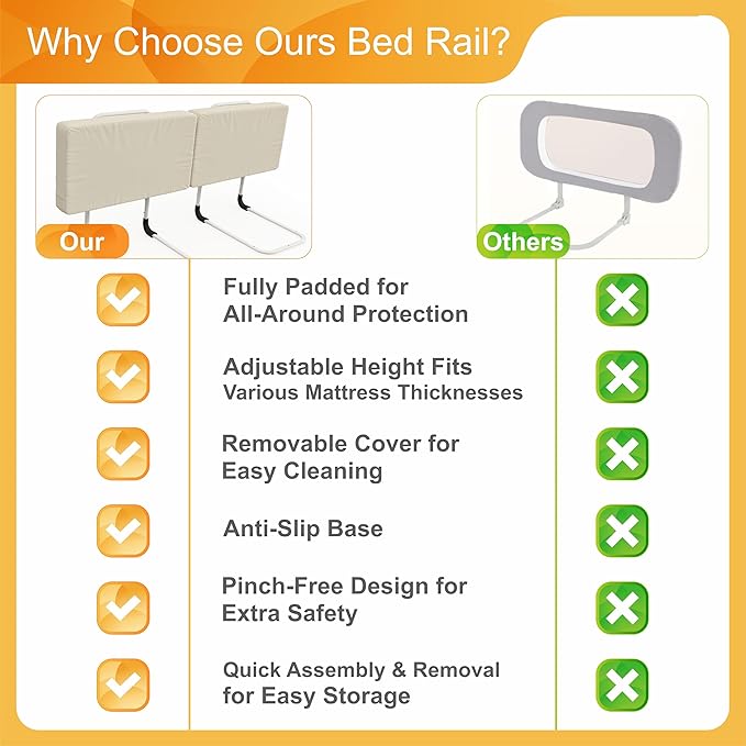 Bed Rail for Toddlers, Adjustable Baby Bed Rail Guard for Twin and Full Size Beds, Bed Safety Rails for Children with Non-Slip Base, Removable Washable Cover, Easy Installation (4 Pack)