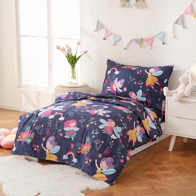 JSD Fairy Toddler Bedding Set, 4 Piece Bed-in-Bag Toddler Comforter and Sheet Set, Machine Washabale Comfortable
