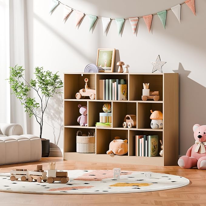 Cozy Castle Oak Bookshelf, 3-Tier Open Shelf Bookcase, 10 Cube Storage Organizer with Anti-Tilt Device for Bedroom, Living Room, 55.11" W x 11.61“D x 40.94“H