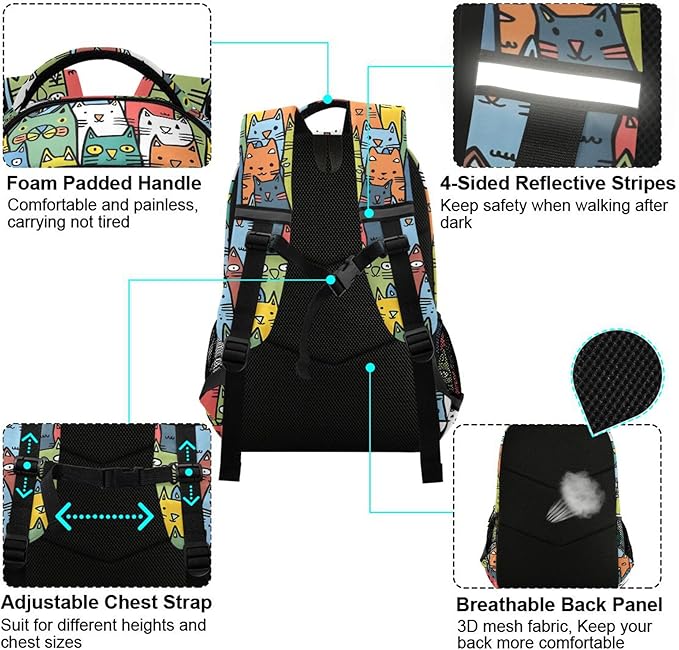 MNSRUU School Backpack with Chest Strap, Cartoon Animal Cute Cat Laptop Backpack, Travel Hiking Backpack for Boys Girls, Rucksack, Knapsack One Size