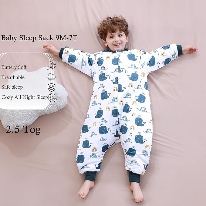 Toddler Sleep Sacks 2.5 TOG Winter Long Sleeve Sleep Sack with Legs 2-Way Zipper Baby Wearable Blanket