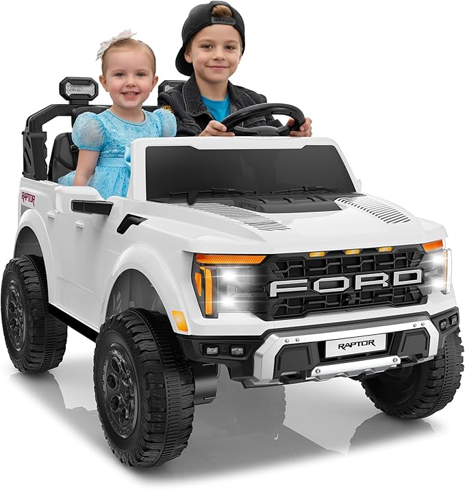 Licensed Ford F-150 Raptor 24V Ride on Toys for Boys & Girls, 2 Seater Kids Electric Car, Todder Ride on Car w/Remote Control, LED Lights, Bluetooth Music, Truck Bed Storage(24V, White)