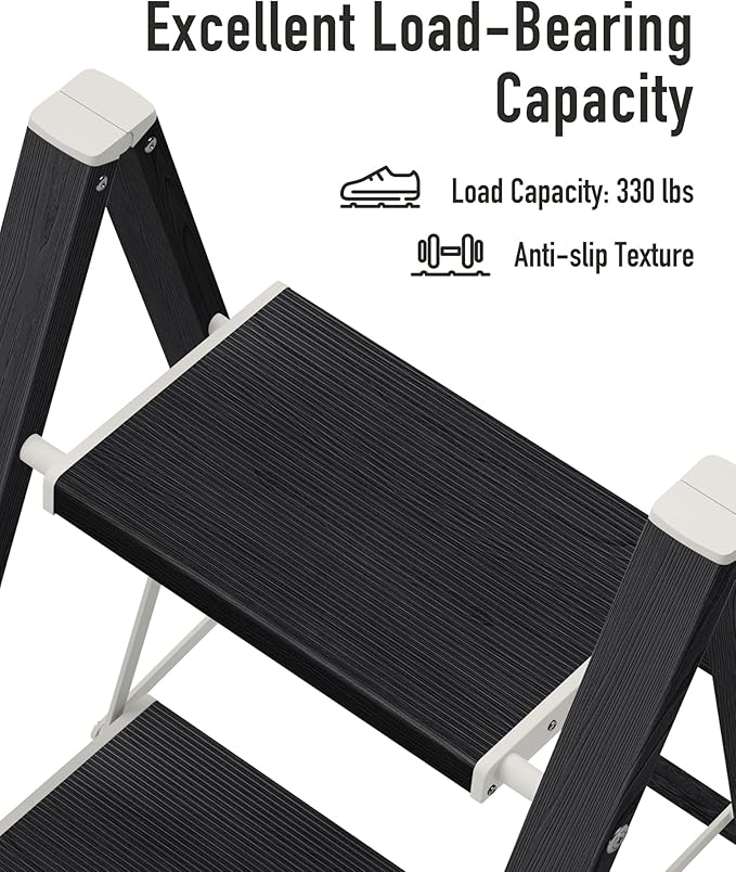 Mayi Plus 3 Step Ladder,Aluminum Folding Step Stool for Adults,Step Ladder with Wide Anti-Slip Pedal,330 lbs Capacity for Home,Kitchen,Library,Office(Ebony Woodgrain)