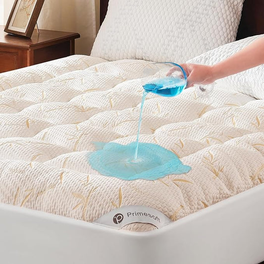 100% Waterproof Queen Size Mattress Topper, Thick Pillow Top Mattress Pad，Up to 21 Inch Deep Pocket,Soft Breathable Mattress Pad for Back Pain, Protector Cover(Beige)