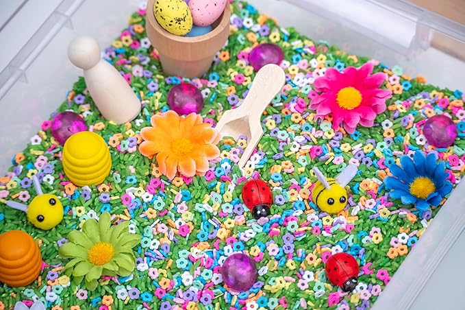 Spring Flower Sensory Bin Kit for Kids – Green Rice, Felt Bees, Wooden Eggs & Ladybugs, Floral Accessories & Wooden Tools – Includes Clear Storage Bin