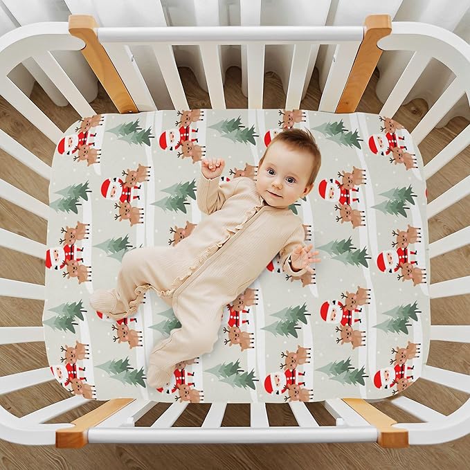Christmas Santa Reindeer Crib Sheets Soft Breathable Fitted Baby Playard Sheets Mattress Cover for Girl Boys, 39" x 27" x 5"