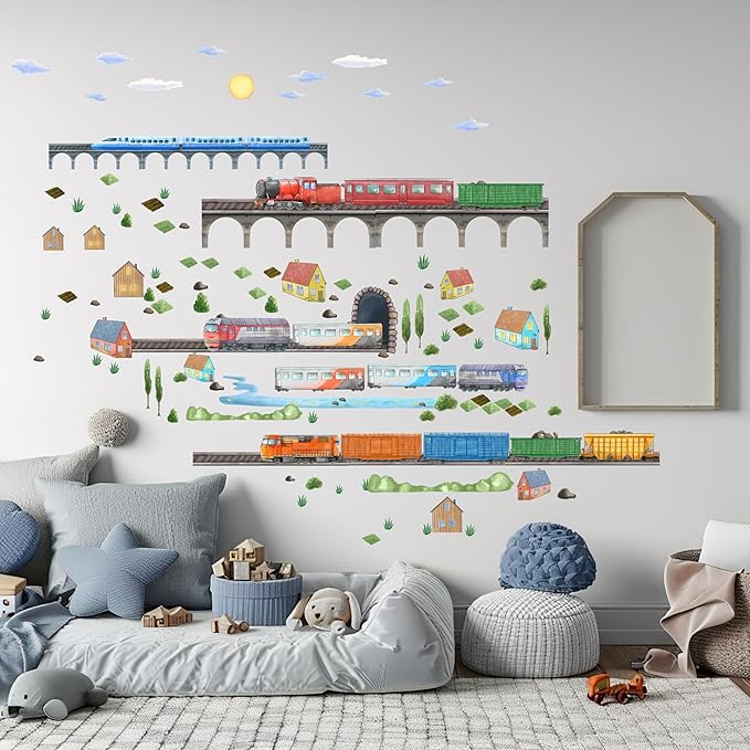 Train Wall Decals for Kids by Lipastick - Educational Railroad Wall Stickers for Boys and Girls - Peel and Stick Locomotive, Carriage, Wagon Wall Decals for Nursery, Playroom, Bedroom Decor -L Size