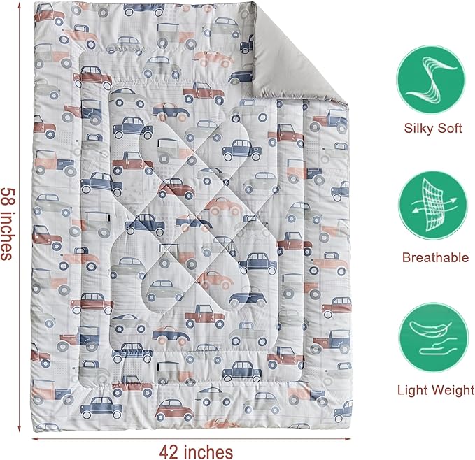 JHXHMX Car Toddler Bedding Set for Boys,4 Piece Bed-in-a-Bag Toddler Comforter Set,Soft Crib Bed Set Including Comforter,Flat Sheet,Fitted Sheet and Pillowcase-Gray
