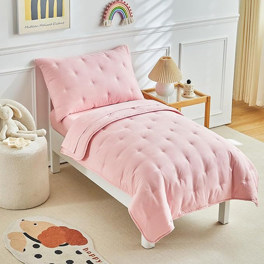 DuShow 4 Piece Toddler Bedding Set for Girls, Pink Embroidery Crib Bed Comforter Set, Includes Comforter, Fitted Sheet, Flat Sheet and Envelope Pillowcase, Soft Toddler Bed Sheet Set