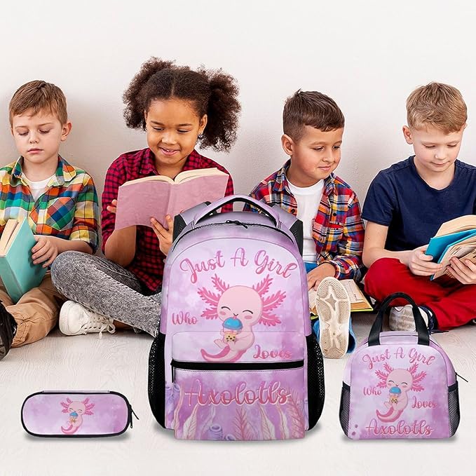 COZYAURA Kids Backpack with Lunch Box - Cute Axolotl Preppy Backpack for School - Lightweight Pink Backpacks for Girls