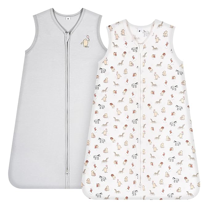 TILLYOU 2 Pack Infant Sleep Sack 0-6 Months 100% Cotton Wearable Blanket 0.5 TOG Sleeveless Summer Sleep Sacks with 2-Way Zipper, Bear Forest & Grey