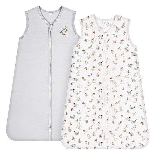 TILLYOU 2 Pack Baby Sleep Sack 12-18 Months 100% Cotton Wearable Blanket 0.5 TOG Sleeveless Summer Sleep Sacks with 2-Way Zipper, Bear Forest & Grey