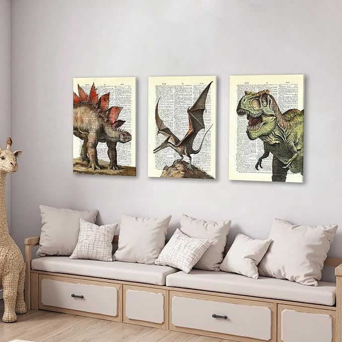 Ovczax 3 Pieces Canvas Wall Art - Dinosaur Room Decor For Boys Decor For Boys Room, Dinosaur Poster 24" X 16"