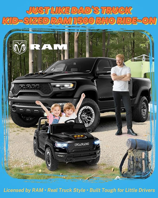 ENYOPRO 24V Ride on Toys for Big Kids, Licensed RAM 1500 RHO 2 Seater Toddlers Ride on Car w/Remote Control, Kids Electric Car w/Truck Bed Storage, Real Tailgate, Bluetooth, USB, LED Lights (Black)