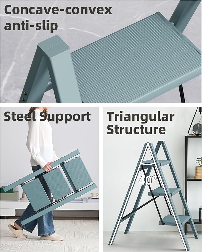 HillhutApex 3 Step Stool, Aluminum Foldable Step Ladder, Lightweight Stable Stool with Wide Non-Slip Pedals, 330lbs Bearing Capacity Ladder for Office,Home,Kitchen - Light Blue