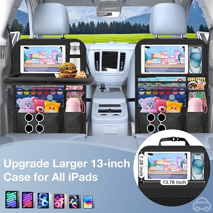 Oneyus Car Backseat Organizer with Table Tray(2-Pack) 9 Storage Pockets Backseat Car Organizer and storage with Tablet Holder, Kick Mats Back Seat Cover for Kids family Road Trip Essentials Travel