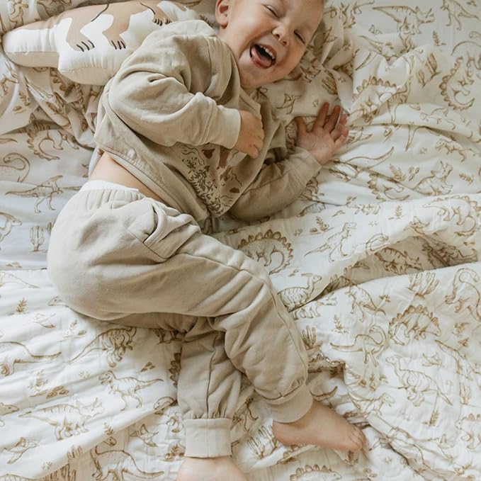 MakeMake Organics Organic Queen Fitted Sheet Set GOTS Certified Organic Cotton Fitted Sheet with 2 Pillowcase Ultra Soft Non Toxic Breathable Hypoallergenic Colorful Neutral (Queen, Dino Dreams)