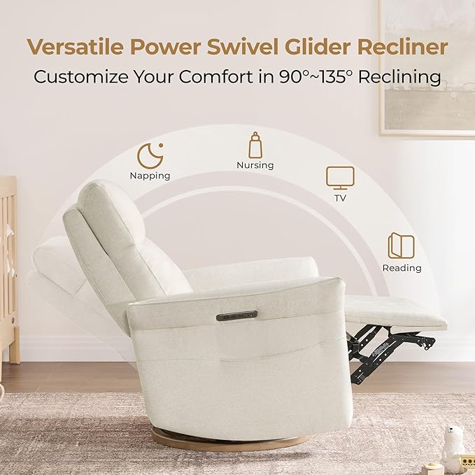 CHITA Power Recliner Chair, Electric Triple-Motor Swivel Glider Nursery Rocking Chair with Adjustable Power Headrest and Lumbar Support, Solid Wood Base, Linen