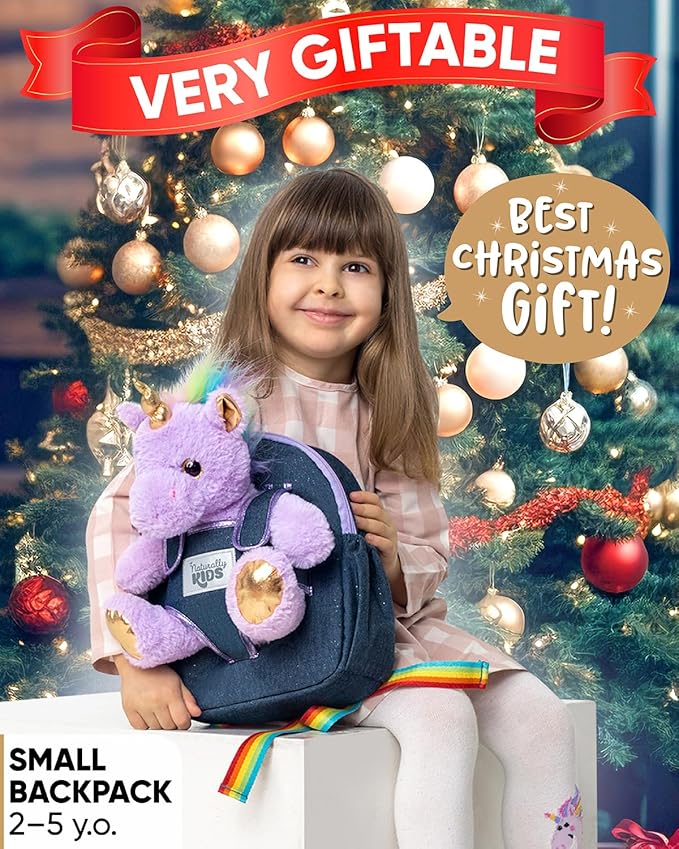 Naturally KIDS 【Upgraded】 Toddler Backpack w Removable Purple Unicorn Toy for Girls Age 2-6 | Side&Inner Pockets, Reflective Logo, Sparkling Material | Christmas Gift for 4 year old Girl