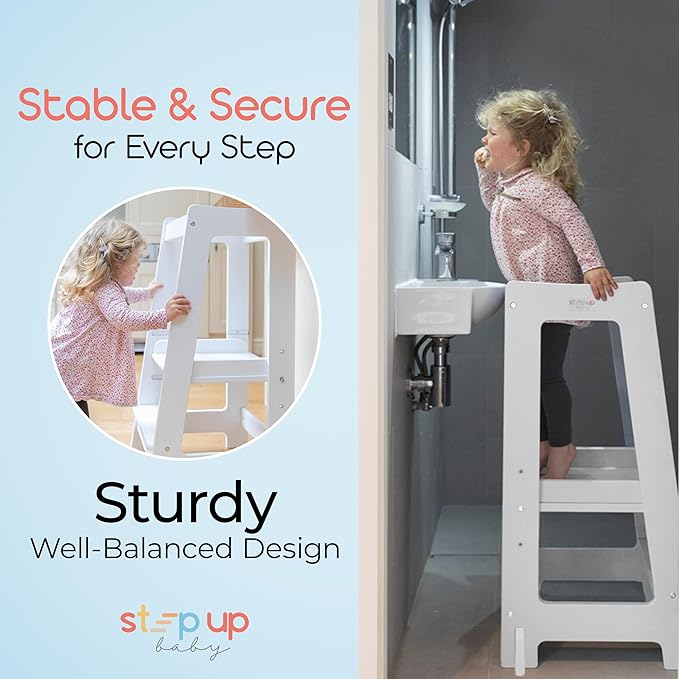 Stepup Baby Toddler Step Stool - Adjustable Height Kids Helper Step Stool, Durable, Non-Slip Platform for Bathroom Sink & Kitchen Counter, Toddler Tower for Exploration and Growth - White