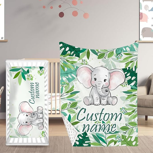 Custom Name Crib Bedding Set with Name - 2 Piece Elephant Series Baby Set with Blanket and Crib Sheet, Cozy and Durable Infant Nursery Bedding, Gifts for Toddler