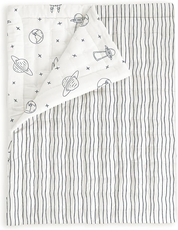 MakeMake Organics Organic Toddler Comforter GOTS Certified Organic Crib Blanket Cotton Infill Tufted Reversible - Ultra Soft Breathable (44"x60", Astronaut + Blue Pebble)